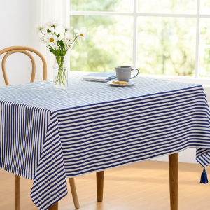 6 seaters 135cm x 180cm Blue & White Striped Canvas Tablecloth with Tassels – Rustic Modern Home Decor