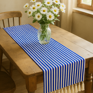 Blue & White Striped Table Runner with Tassels | Cotton Canvas Table Decor | 35cm x 200cm