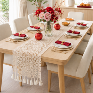 Ivory Off-white crochet lace tablerunner with beautiful tassels Home decor | 35cm x 200cm