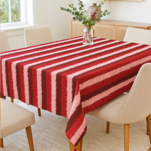 6 seater 135cm x 180cm Red Stripe Canvas Tablecloth with Tassels | Rustic Farmhouse Dining Table Cover | Cotton Canvas